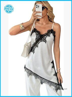 Satin Lace-Trim Camisole Tank Top - White with Black Lace